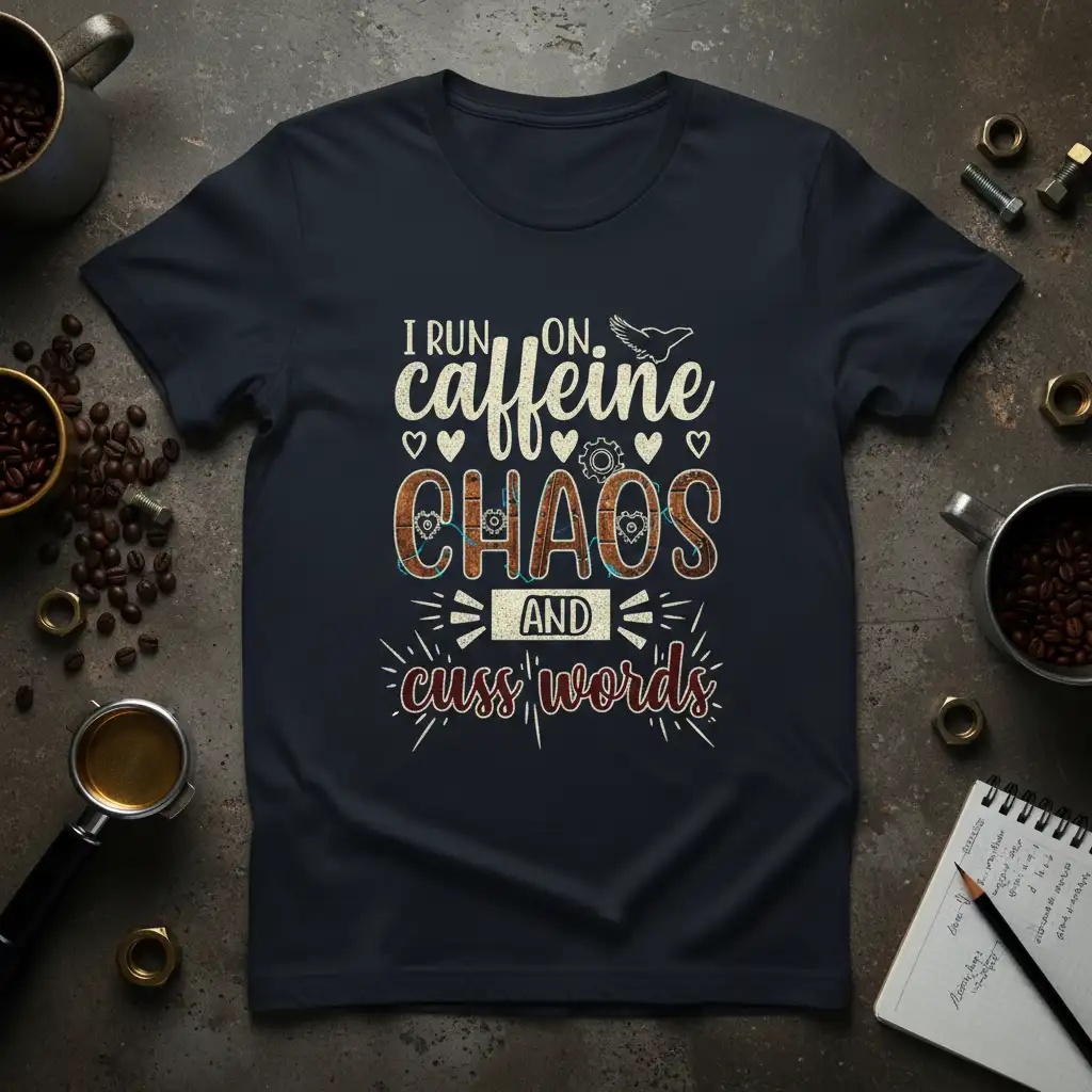 I RUN ON caffeine CHAOS AND cuss words quote design with distressed typography and decorative elements on a dark t-shirt