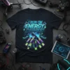 I Run On Energy Drinks text graphic with neon energy drink cans and lightning bolts