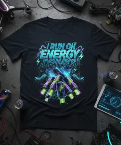 I Run On Energy Drinks text graphic with neon energy drink cans and lightning bolts