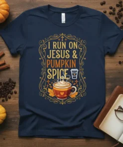T-shirt featuring the text "I RUN ON JESUS & PUMPKIN SPICE" with a coffee cup graphic, designed for fall enthusiasts