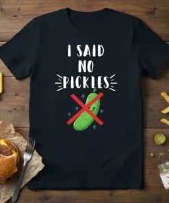 Black t-shirt with white text "I Said No Pickles" and a graphic of a pickle with a red 'X' over