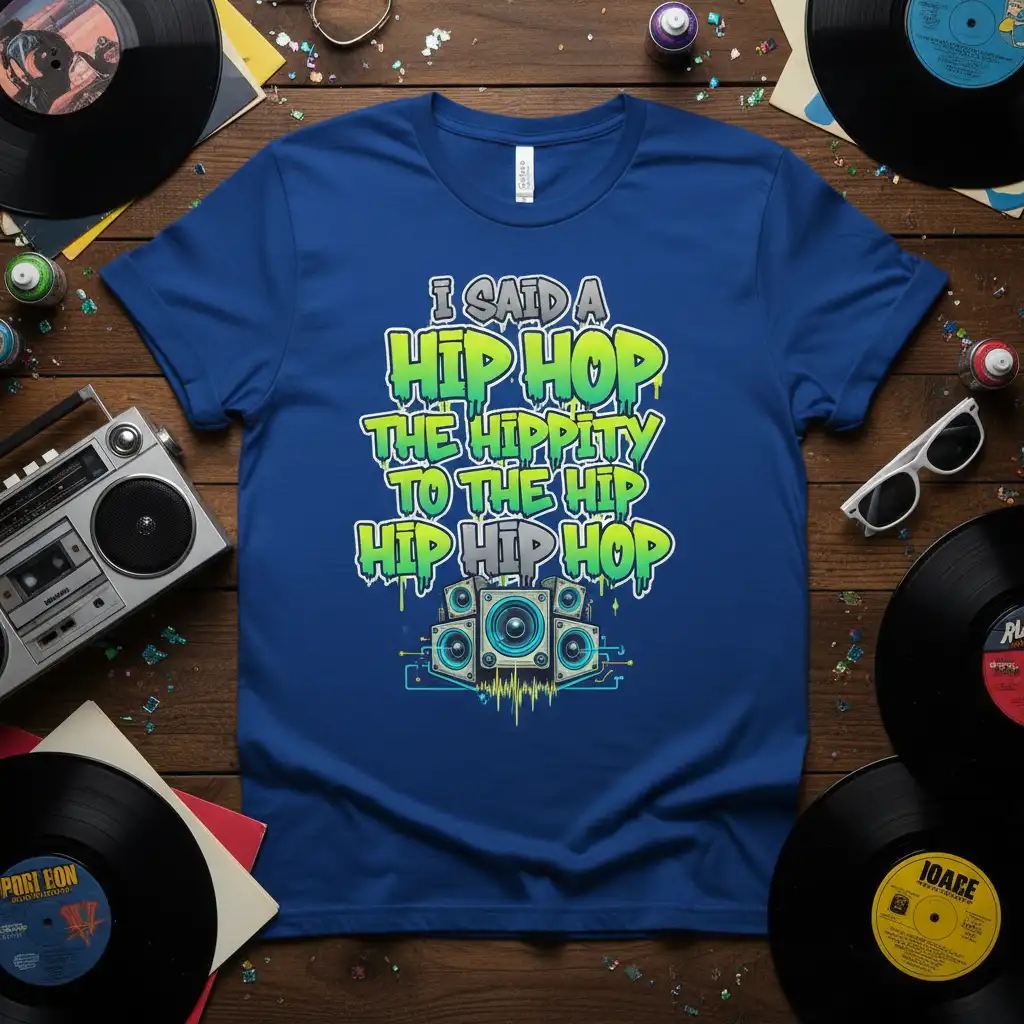 I SAID A HIP HOP THE HIPPIITY TO THE HIP HIP HIP HOP lyric design with retro speakers graphic on blue t-shirt