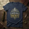 T-shirt with "I saved you a SEAT" text in decorative gold and white font, featuring an arrow graphic, navy blue