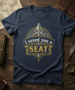 T-shirt with "I saved you a SEAT" text in decorative gold and white font, featuring an arrow graphic, navy blue