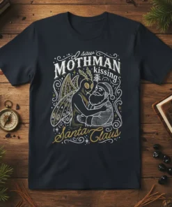 I saw Mothman kissing Santa Claus text and illustration on a dark t-shirt, festive holiday design