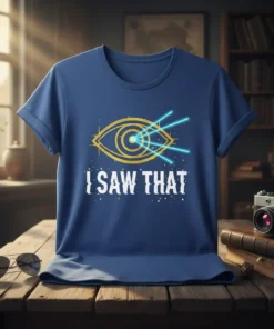 Blue t-shirt with a gold outline of an eye, blue laser beams, and the text "I SAW THAT" in white