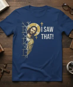 Jesus peeking from behind a brick wall on a navy t-shirt with white text "I SAW THAT!" and a halo