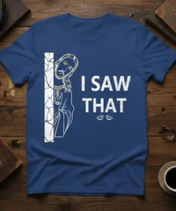I Saw That Jesus T-Shirt featuring a graphic of Jesus peeking from behind a wall with the text "I SAW