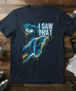 I Saw Tha't humorous quote t-shirt with a striking blue eye and pointing finger graphic
