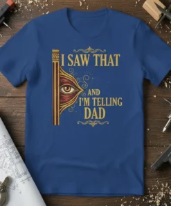 I Saw That And I'm Telling Dad quote on a royal blue t-shirt with an eye graphic