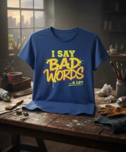 Blue t-shirt with yellow and red graffiti-style text reading "I SAY BAD WORDS ...A LOT"