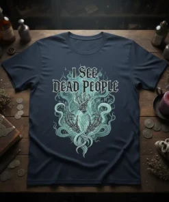 I See Dead People text with skeleton hands and swirling mist design on a navy t-shirt