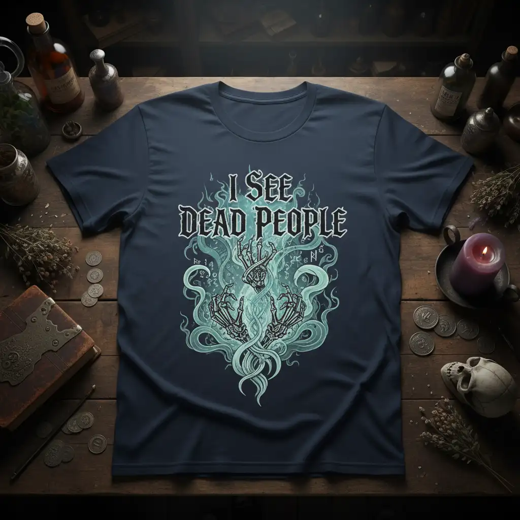 I See Dead People quote with eerie skeleton hands and swirling green mist design on a dark navy tee
