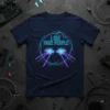I See Fake People quote with neon eyes and laser beams graphic on a navy blue t-shirt