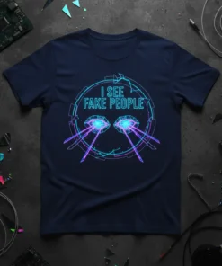 I See Fake People quote with neon eyes and laser beams graphic on a navy blue t-shirt