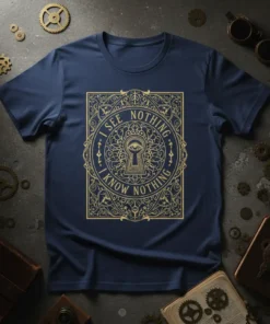 I See Nothing I Know Nothing quote t-shirt with a circular design featuring a keyhole eye graphic and ornate borders