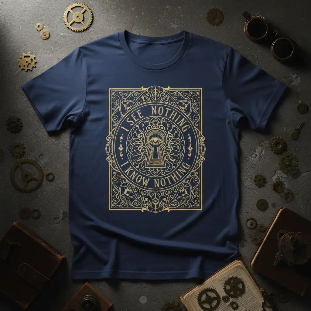 I See Nothing I Know Nothing quote t-shirt with ornate circular keyhole eye design in gold