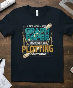 T-shirt with the quote "I See You Have Graph Paper You Must Be Plotting Something" in teal and gold typography