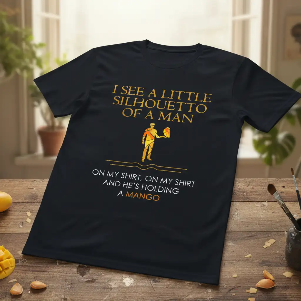 I See A Little Silhouetto Of A Man holding a mango quote t-shirt design in gold and white text