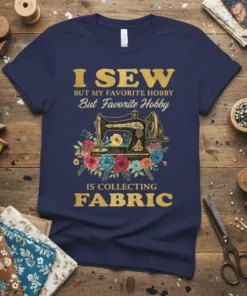 Navy t-shirt with gold text "I SEW BUT MY FAVORITE HOBBY But Favorite Hobby IS COLLECTING FABRIC" and vintage sewing