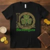 Black t-shirt with "I Shamrock Shenanigans" text and a gold and green Celtic knot shamrock design for St. Patrick's Day