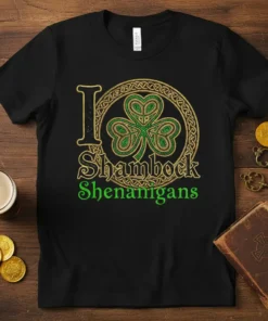 Black t-shirt with "I Shamrock Shenanigans" text and a gold and green Celtic knot shamrock design for St. Patrick's Day