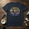 I Shaved My Balls For This? humorous quote on a navy t-shirt with distressed vintage typography and razor blade graphics
