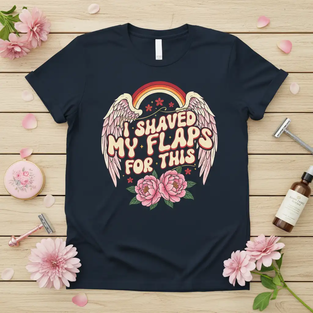 I Shaved My Flaps For This witty quote with retro wings and rainbow design on a tee