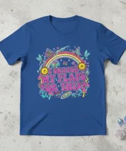 I SHAVED MY FLAPS FOR THIS? text in a retro font, surrounded by mushrooms, butterflies, and a rainbow on a