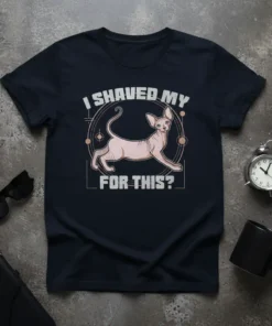 I SHAVED MY FOR THIS? text with a pink Sphynx cat graphic on a navy blue t-shirt