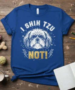 Funny "I Shih Tzu Not!" text with a graphic of a Shih Tzu dog face on a royal blue t-shirt
