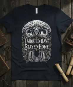 Gothic t-shirt with "I Should Have Stayed Home" text, featuring a hooded figure and ghosts in a spooky forest design