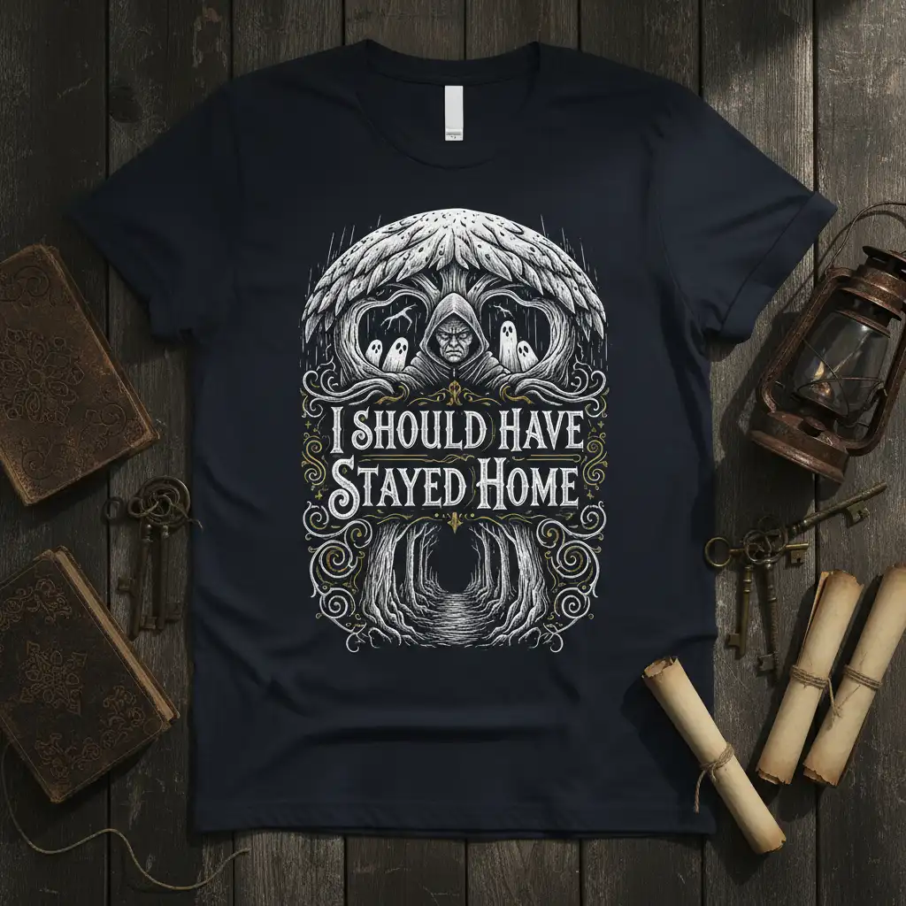 I Should Have Stayed Home gothic quote tee with hooded figure and ghosts design