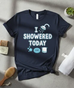 Navy t-shirt with white and light blue text reading "I Showered Today," featuring a showerhead, soap, and bubbles graphic