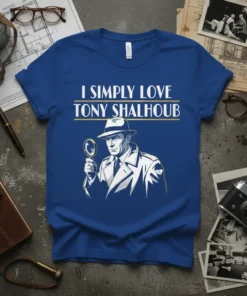 I SIMPLY LOVE TONY SHALHOB t-shirt with a detective holding a magnifying glass