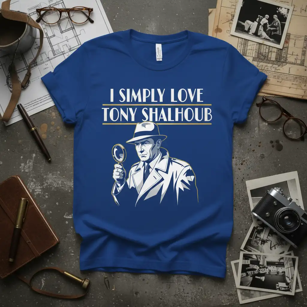 I SIMPLY LOVE TONY SHALHOB quote with detective graphic on blue t-shirt