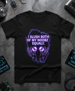 Black t-shirt with neon purple text "I SLUSH BOTH OF MY NOOBZ EQUALLY" above two glowing purple orbs held by