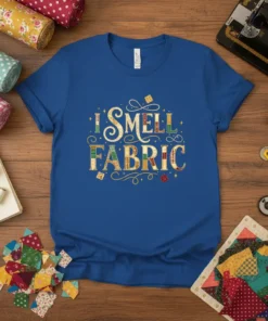 Blue t-shirt with "I Smell Fabric" text in decorative font, surrounded by sewing-themed elements