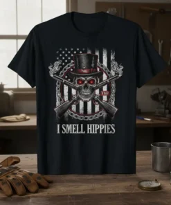 I Smell Hippies t-shirt with a skull wearing a top hat, crossed rifles, and American flag design