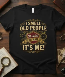 Funny "I Smell Old People Oh Wait It's Me!" quote t-shirt with vintage shield graphic and distressed typography