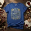 I SNATCH KISSES AND VICE VERSA quote t-shirt with decorative floral and kiss graphics in gold foil on a royal