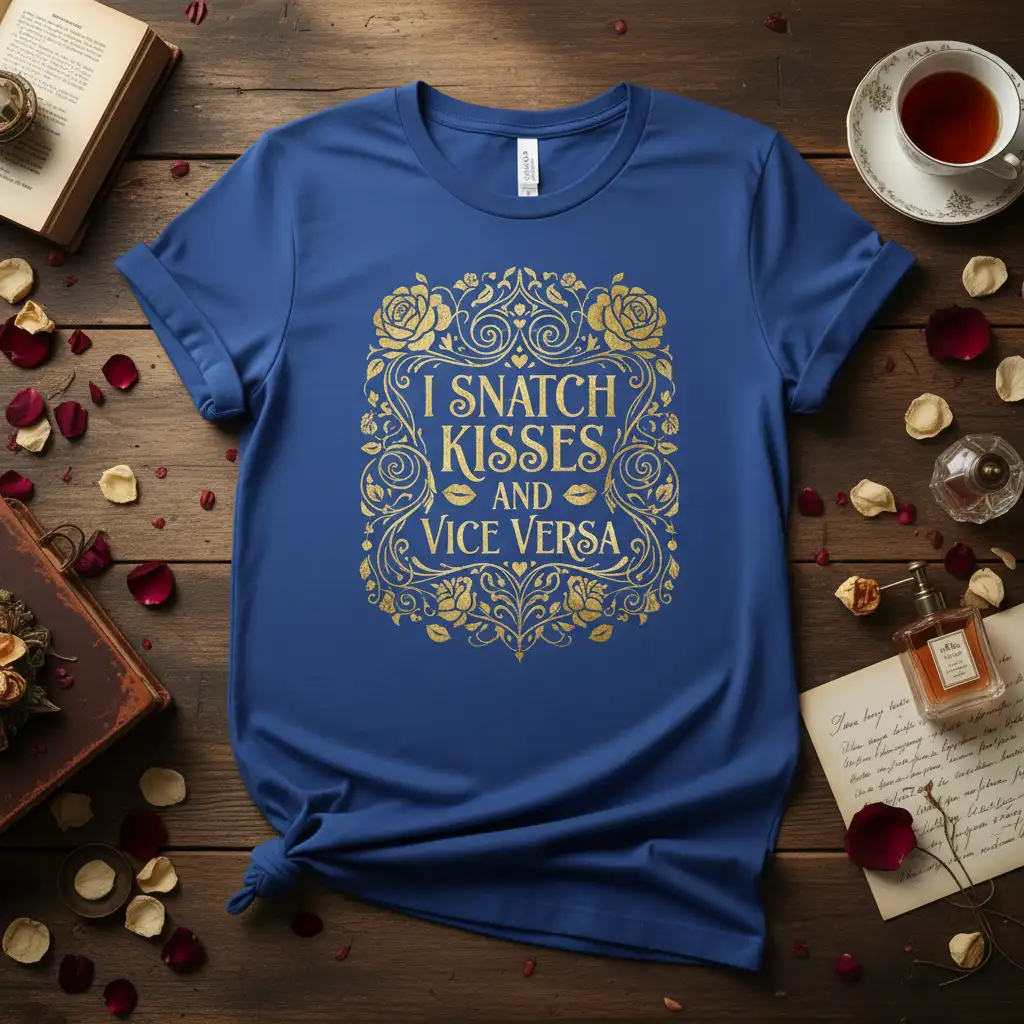 I SNATCH KISSES AND VICE VERSA quote in gold foil on a royal blue t-shirt, featuring decorative floral and kiss embellishments