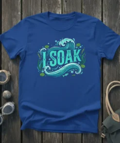Blue t-shirt with "I SOAK" text in wavy turquoise font, surrounded by water graphics and aquatic plants