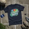 I Soccer Boys text design with a red heart and soccer ball graphic on a navy t-shirt