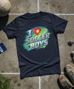 I Soccer Boys text design with a red heart and soccer ball graphic on a navy t-shirt