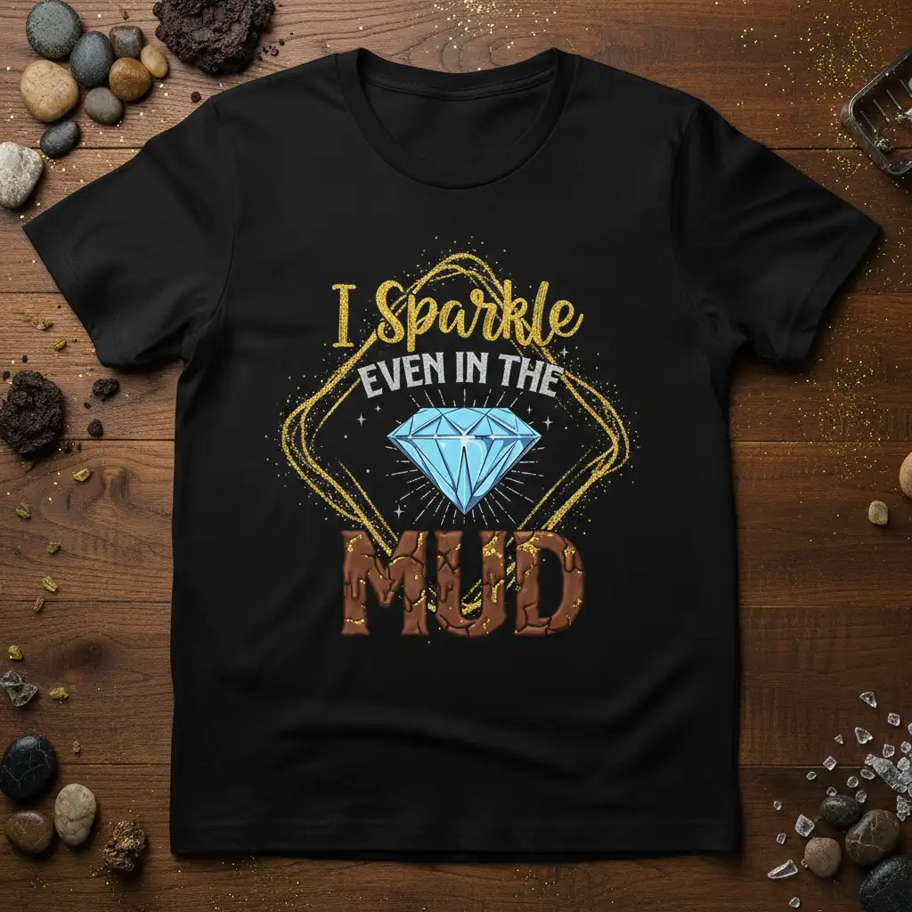 Empowering I Sparkle EVEN IN THE MUD quote with a blue diamond and gold glitter on a black tee