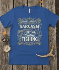 I Speak 3 Languages Sarcasm Hunting Fishing quote on a royal blue t-shirt with vintage graphic elements