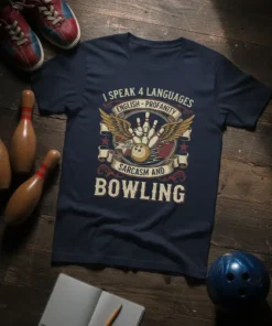 T-shirt with text "I Speak 4 Languages English Profanity Sarcasm and Bowling" featuring a graphic of bowling pins, a ball