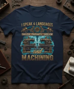 T-shirt design featuring "I Speak 4 Languages: English, Profanity, Sarcasm, and Machining" text with vintage lathe graphics