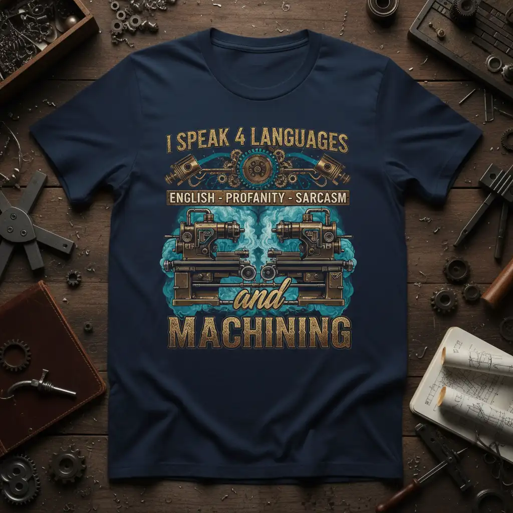 I Speak 4 Languages English Profanity Sarcasm and Machining quote on navy t-shirt with lathe graphics